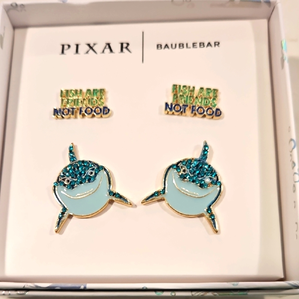 BaubleBar Blue and Gold Shark Earrings - Picture 1 of 1